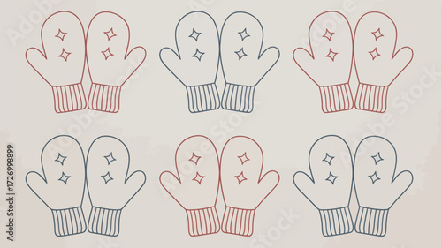A pattern of red and black outlined mittens with stars on a white background displayed in rows