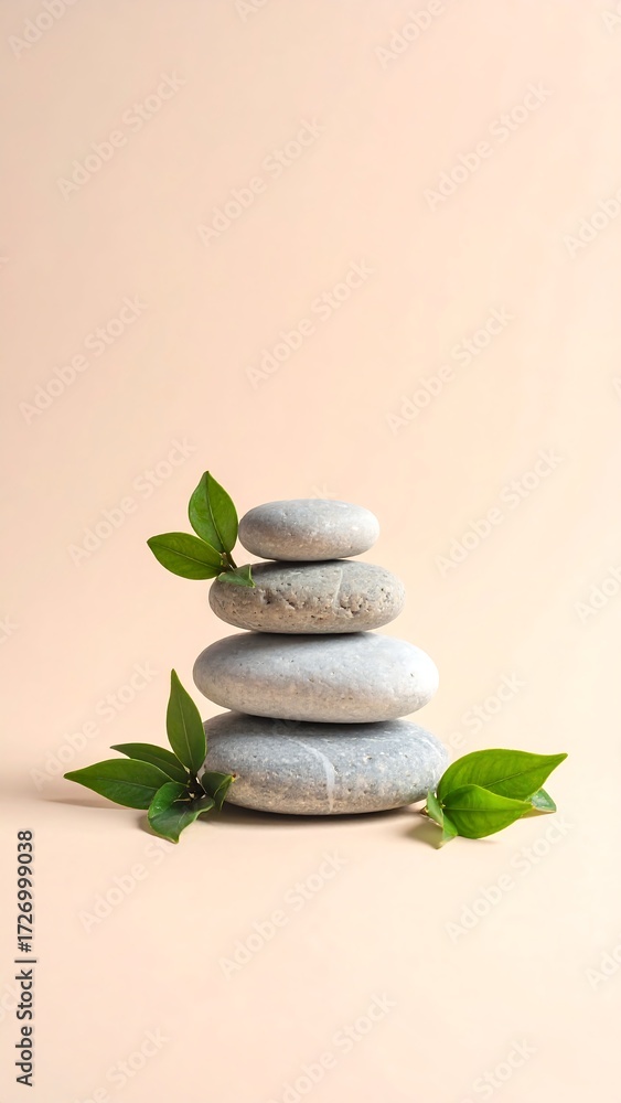 Obraz premium Zen stone tower with green leaves a symbol of balance, harmony, and tranquility, perfect for wellness and meditation concepts