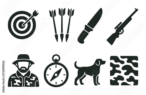 Hunting icons set featuring target, arrows, knife, rifle, hunter, compass, dog, camouflage