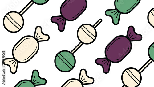 A pattern of assorted candies including lollipops and wrapped sweets on a white background design art