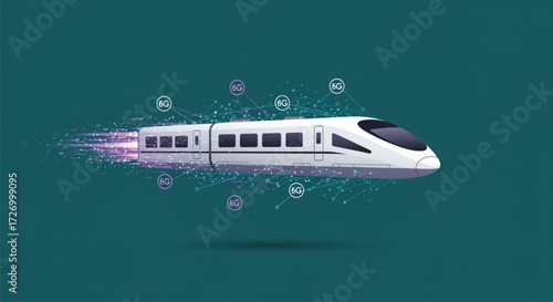 A stylized illustration of a high-speed train moving at high speed, highlighted by a trail of data points and connected to a 6G network.