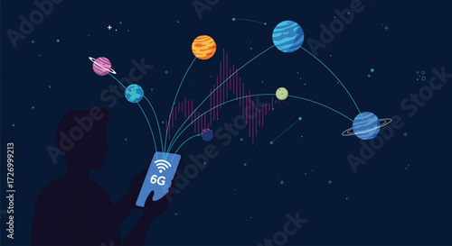 Futuristic illustration of a person holding a smartphone displaying 6G connectivity, with planets and cosmic elements symbolizing the vast network reach of the next-generation mobile technology.