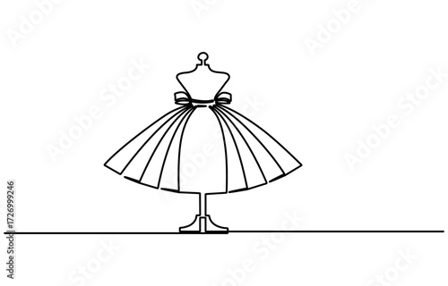 Dummy with dress. One line continuous dummy with dress. Line art fashion dress. Outline vector illustration.