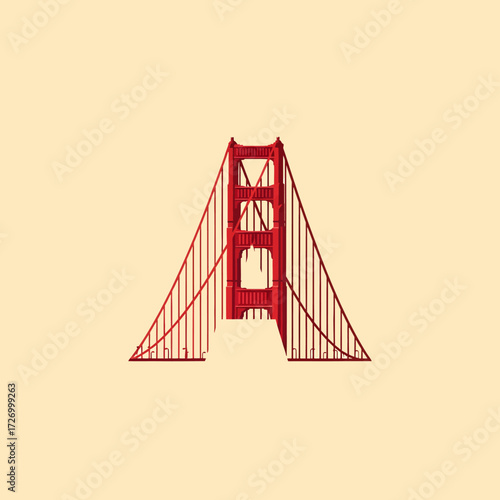 Stylized illustration of the Golden Gate Bridge in red against a beige background.