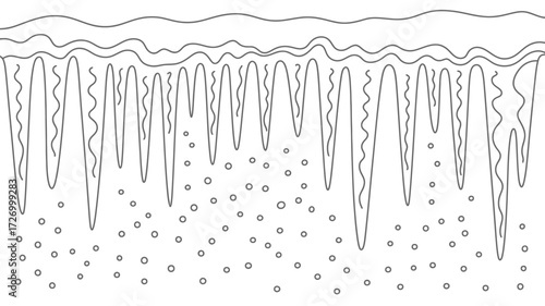 A drawing of icicles hanging with water droplets falling from them in a black and white illustration