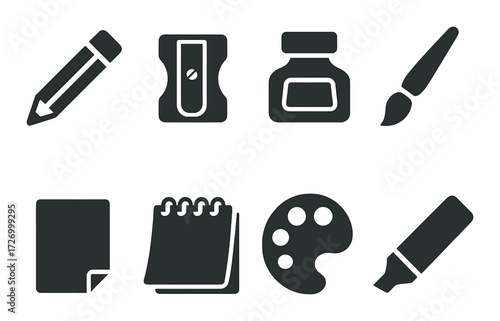 Art supplies icons: pencil, sharpener, ink, brush, paper, notebook, palette, highlighter