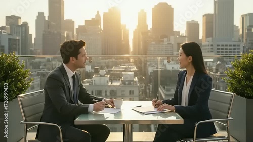 Two business professionals having a strategic meeting on a rooftop terrace with a beautiful sunset cityscape background