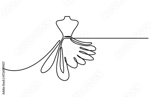 Dummy with dress. One line continuous dummy with dress. Line art fashion dress. Outline vector illustration.