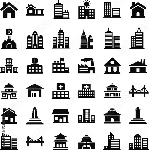 Collection of diverse building icons and silhouettes