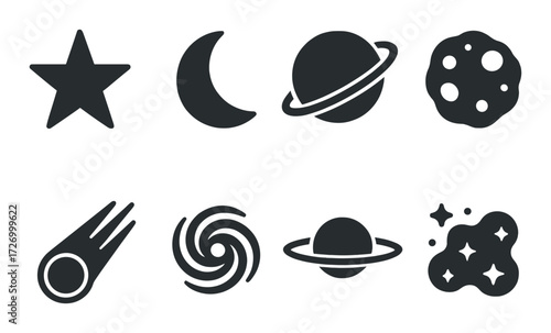 Minimalistic space icons featuring celestial bodies and phenomena