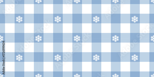 Cute winter snowflake plaid, vector Christmas background seamless pattern checkered blue white gingham check