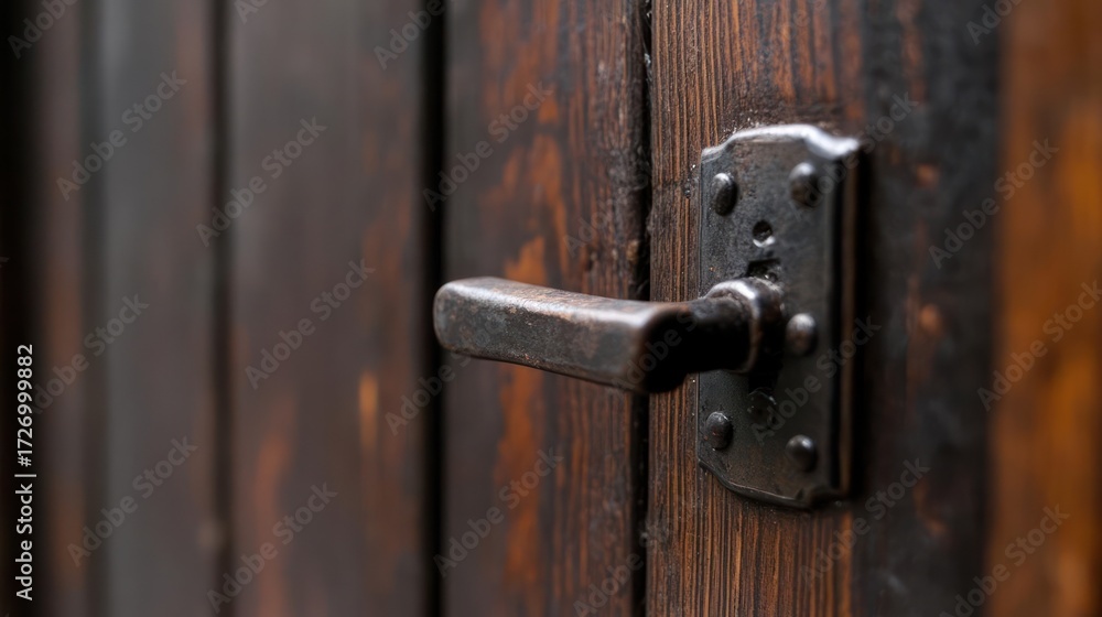 Fototapeta premium Vintage wooden door with antique handle and intricate metal detailing showcasing rustic charm and