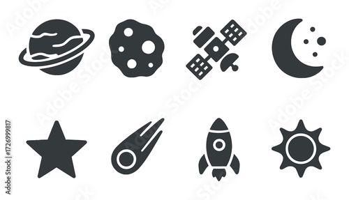 Monochrome space icons set with planet, moon, and rocket