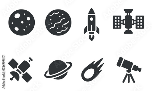 Space objects silhouettes: moon, planets, rocket, satellite, telescope, comet