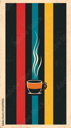 Retro Bauhaus Coffee Poster with Vertical CMYK Stripes — Minimal Steaming Cup, Vintage Grunge Texture, Cafe Menu Background