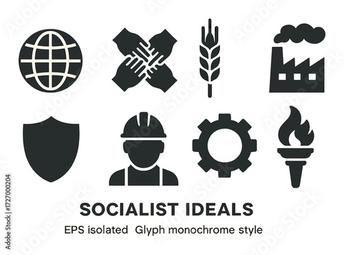 Socialist ideals icons set on golden background featuring industry and unity symbols