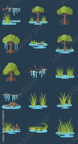 Flat Design Wetland Ecosystem Elements Set Stylized Trees, Mangroves, Reeds, Water, and Wildlife Illustrations for Nature Themes