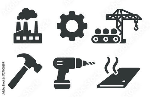 Industrial icons set featuring factory, gear, crane, hammer, drill, and steam iron