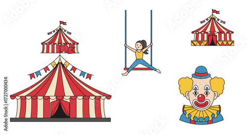 A vibrant collection of classic circus elements featuring a striped big top tent, a cheerful clown, and a trapeze artist
