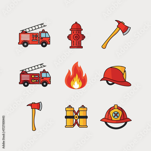 Colorful flat design icon set featuring firefighting equipment, emergency vehicles, and safety symbols