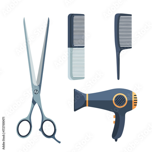 Hair Styling Tools Illustration Scissors, Combs, and Hair Dryer for Salon or Home Use