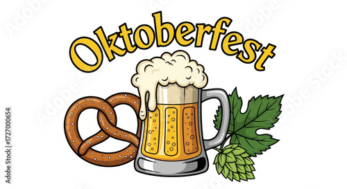 Joyous autumn festival illustration featuring a classic beer stein, a savory pretzel, and fresh hops, perfect for traditional European celebrations