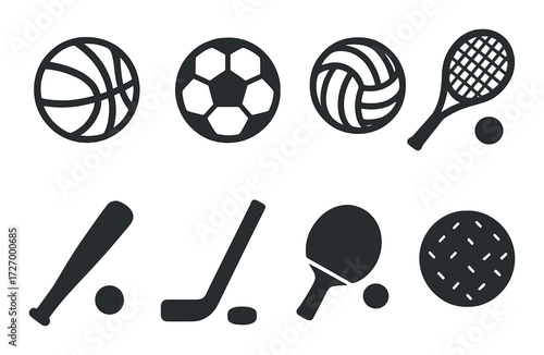 Silhouette icons of various sports equipment on dark background