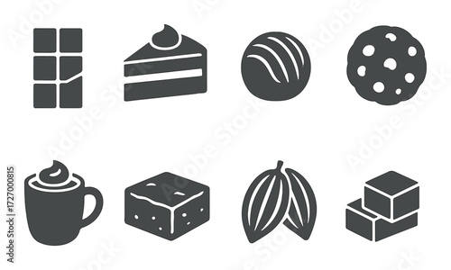 Chocolate-themed icon set featuring sweets, drinks, and ingredients on gray background