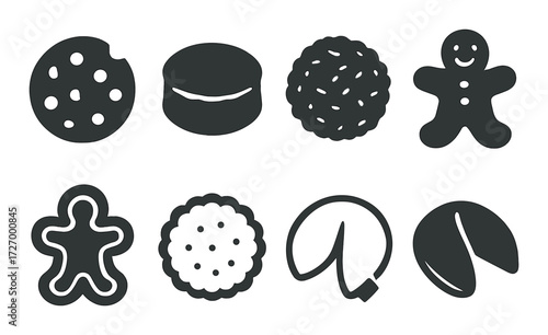 Assorted cookie shapes: fortune, gingerbread, biscuit, and more silhouettes