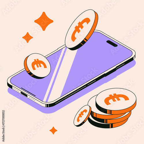 Futuristic Mobile Crypto Wallet with Coins Poster, Artwork, card, Digital illustration. Digital Currency, Blockchain Finance, and Secure Online Payment Innovation
