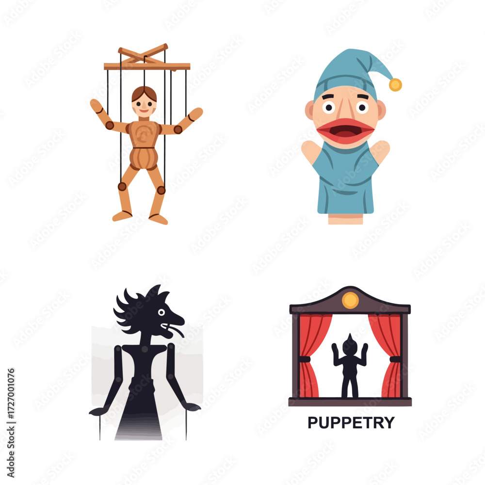 Naklejka premium Diverse Puppetry Styles Illustrated Marionettes, Hand Puppets, Shadow Figures for Theater and Entertainment