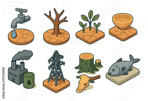 Environmental crisis icons: drought, pollution, deforestation, extinction