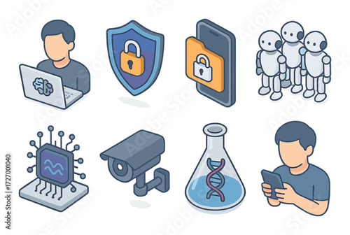 Tech icons featuring security, ai, surveillance, and dna research with human figures