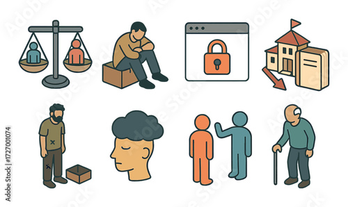 Illustrations of justice, social issues, and human emotion concepts