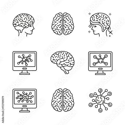 Linear icon set illustrating concepts of neuroscience and artificial intelligence. Collection includes human brain anatomy, neural networks, and digital mind mapping