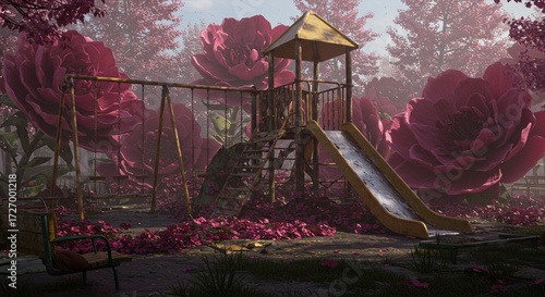Cinematic Landscape of Forgotten Swings and Slides Hidden Within a Magical Forest of Pink Leaves