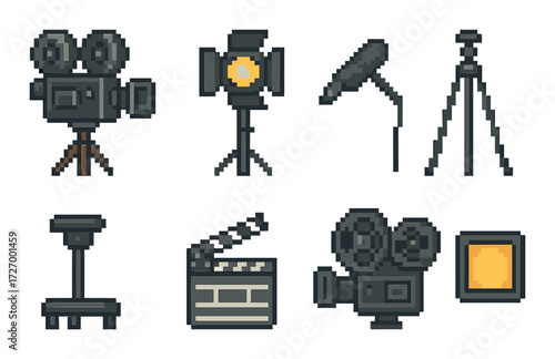 Vintage film equipment pixel art: cameras, lights, and clapperboard