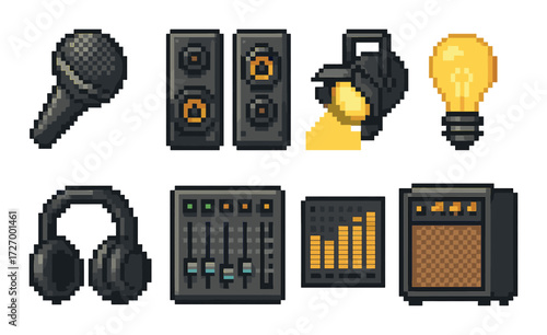 Pixel art music equipment set with microphone speaker headphones and light bulb
