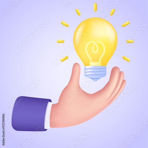 Glowing light bulb in hand on colorful background, creative business innovation and energy saving solution concept symbol, 3d vector illustration. Isolated vector icon.