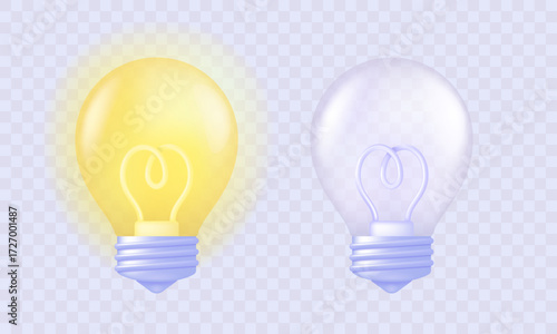 Two transparent light bulbs isolated on background, one glowing and one off, symbol of creativity, innovation and energy saving business idea, 3d vector illustration. Isolated vector icon.