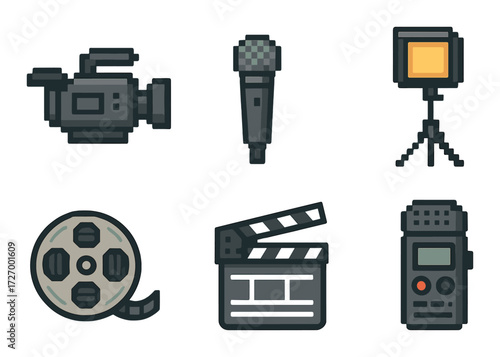 Retro videography equipment icons: camera, microphone, light, film reel