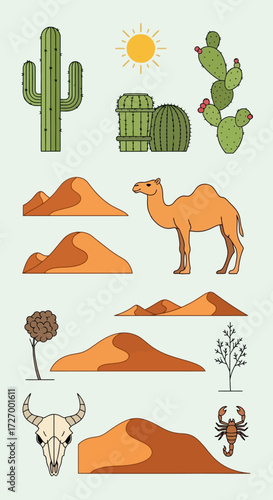 A vibrant collection of desert icons and wildlife elements, including a camel, cacti, and sand dunes, presented in a clean, flat illustration style