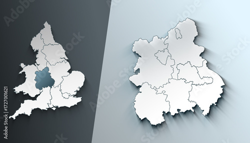 Minimalist 3D Map of West Midlands England County with District Borders