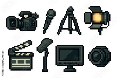 Pixel art camera equipment: vintage video, audio, and lighting tools collection