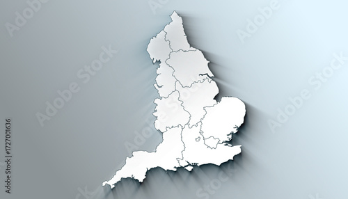 Minimalist 3D Map of England United Kingdom Province with District Borders