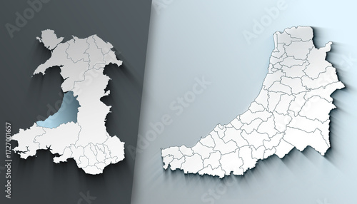 Minimalist 3D Map of Ceredigion United Kingdom Province with District Borders