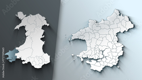 Minimalist 3D Map of Pembrokeshire United Kingdom Province with District Borders