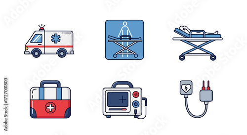 Medical Icons Set, Including Ambulance, Stretcher, First Aid Kit, and Defibrillator, Representing Emergency Care and Health Services
