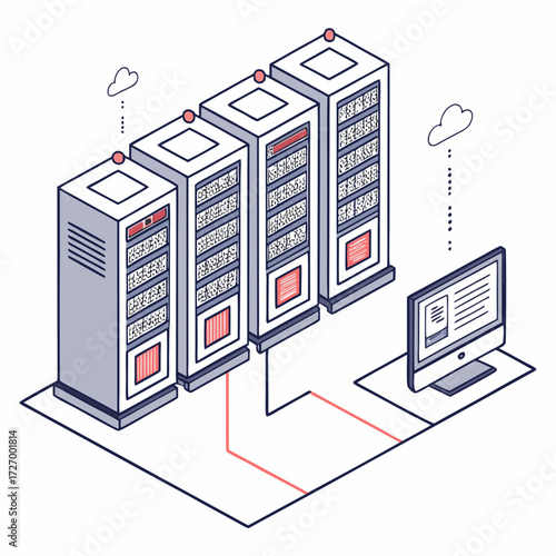Isometric server room concept with computer and cloud on