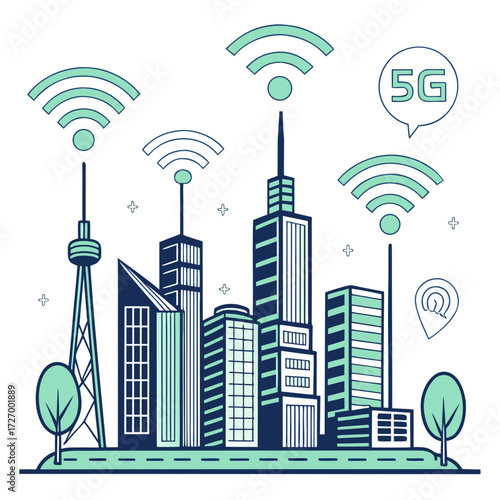 Modern city with 5g network technology for communication and connection